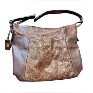 Giani Bernini Embossed Floral Women's leather Shoulder Hobo Bag Purse Brown
